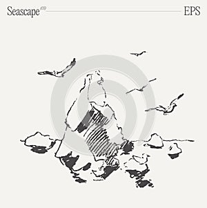 Seascape with rocks and flying seagulls. Hand drawn vector illustration, sketch.