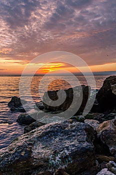 Seascape with rocks and nice sky in the summer season during the sunset