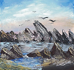 Seascape with rocks painted with acrylics photo