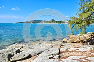 Seascape of rocky seashore sandy beach in Samui island, Thailand