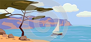 Seascape, sailboat, palm trees, vector illustration, cartoon style, isolated