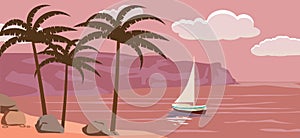 Seascape, sailboat, palm trees, vector illustration, cartoon style, isolated