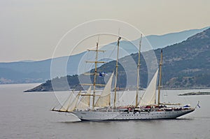 Seascape. Sailing vessel - Aegean Sea, Thassos, landmark attraction in Greece