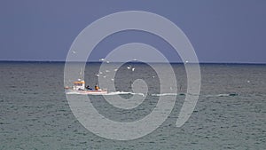 Seascape with sailng boat and flying seagulls on a blue sky