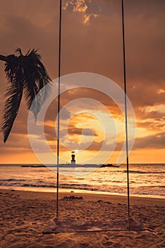 Seascape Scenery View With Empty Swing During Dramatic Cloudy at Sunset, Nature Landscape Tropical Seashore Scenic and Beautiful