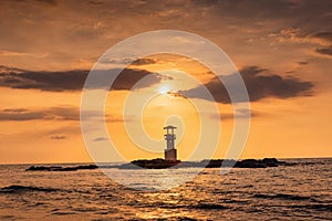 Seascape Scenery View With Lighthouse During Dramatic Cloudy at Sunset, Nature Landscape Tropical Seashore Scenic and Beautiful