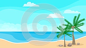 Seascape. Sea, clouds, beach and palm trees. Sea landscape with palm trees and blue sea. Vector, cartoon illustration.