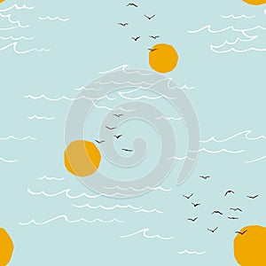 Seascape, sea and sun, wave, summer sign with seagulls.  Seamless pattern.