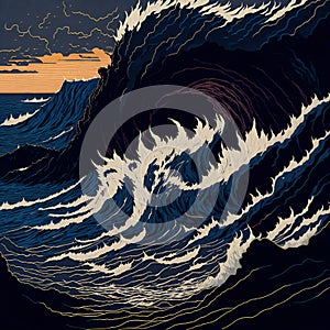 Seascape. Sea waves, surf. The illustration was created using artificial intelligence, a neural network. Oriental painting.