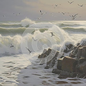 Seascape with seagulls on the rocks and waves
