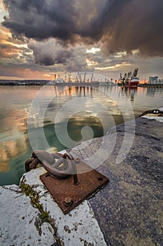 Seascape of the Seaport of Varna, With bollards and chains in foreground.