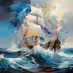 Seascape, ship on the high seas, storm, high waves.