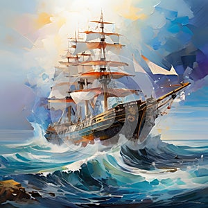 Seascape, ship on the high seas, storm, high waves.