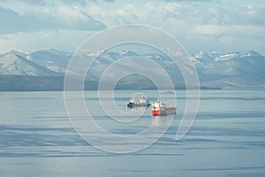 Seascape with ships in Avacha Bay, Kamchatka