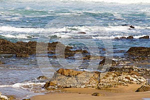 Seascape showing rocks emerging at low tide