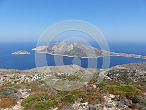 Seascape with a small island to Amorgos in the Cyclade Islands in Greece.