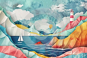 Seascape in the style of a paper collage, lighthouse, sailboat at sea, retro illustration