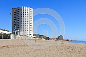 Seascape with the summer camp tower in Massa, Italy photo