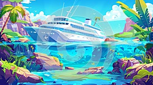 Seascape with sunken cruise ship in ocean harbor close to tropical island with lianas and trees. Cartoon illustration of
