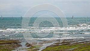 Seascape on a sunny day. A glaring ocean surface with sailboats on the horizon.