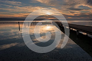 Seascape during sunset. Beautiful natural seascape, blue hour. Sea sunset at the Black sea coast near Varna, Bulgaria.