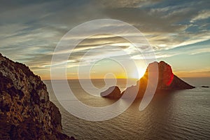 Seascape of sunset on Es Vedra island, Ibiza, Baleares, Spain - Image