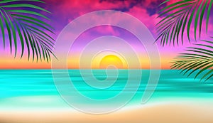 Seascape sunset. Horizon. Sun dawn and sea water. Vacation sunrise background. Relaxing tropical beaches. Summer ocean