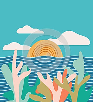 Seascape sunset. Summer ocean abstract illustration