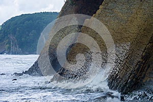 Seascape, Sunset Sundown at Sea Storm, Big Waves hit the rocks at beach, sea water splash and white foam