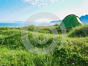 Seascape with tent on beach, Lofoten Norway