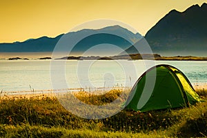 Seascape with tent on beach, Lofoten Norway