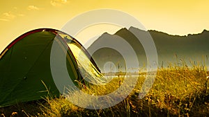 Seascape with tent on beach, Lofoten Norway