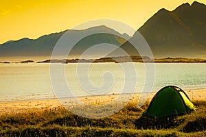 Seascape with tent on beach, Lofoten Norway