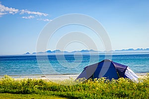 Seascape with tent on beach, Lofoten Norway