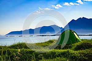 Seascape with tent on beach, Lofoten Norway