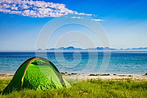 Seascape with tent on beach, Lofoten Norway