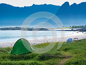 Seascape with tent on beach, Lofoten Norway