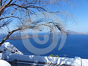 Seascape of a terrace along the Caldera to Santorini in Greece.