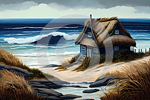 seascape with thatched house, beach and blue waves in the background