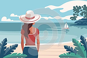 Seascape. Time relax. Young woman in a hat on the beach against the backdrop of a seascape. Illustration.