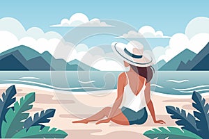 Seascape. Time relax. Young woman in a hat on the beach against the backdrop of a seascape. Illustration.