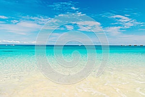 Seascape with transparent water on blue sky horison. Sea beach in Great stirrup cay, Bahamas on sunny day. Summer