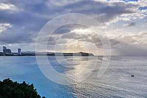 Seascape of Tumon Bay, Guam, from a high view point during sunset