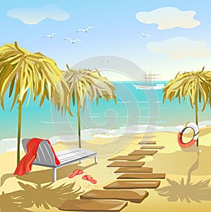 Seascape with umbrellas and sunbed photo