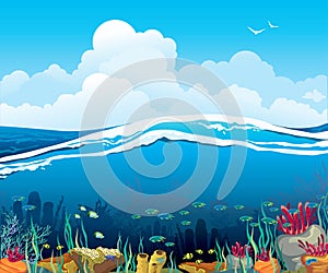 Seascape with underwater creatures and cloudy sky