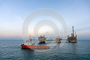 Seascape view of oil production platform at offshore Terengganu oil field during sunrise