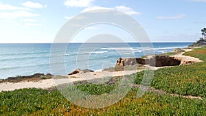 Seascape vista point, California coast USA. Ocean tide, blue sea wave overlook. Ice plant succulent.