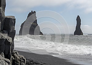 Seascape of waves crashing at Reynisfjara Black sand Beach Vik South Iceland