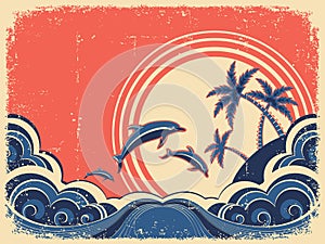 Seascape waves poster with dolphins.