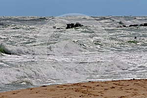 Seascape. Waves show. Summer, sea, sun, beach, holiday, fun - Black Sea, landmark attraction in Romania